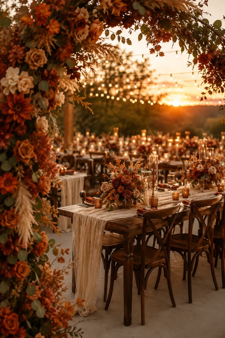 A wide reception shot at golden hour — burnt orange florals on a floral arch in soft focus foreground, long wooden tables dressed in cheesecloth runners and mercury glass candles glowing behind. Warm, cozy, editorial mood.