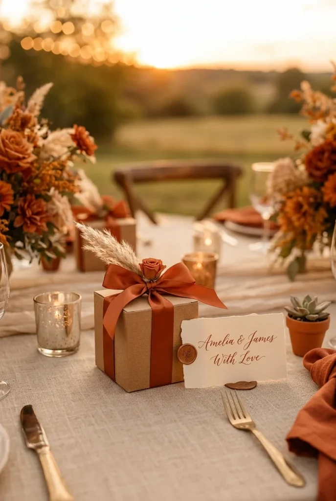 A small favor box tied with terracotta satin ribbon, resting beside a handwritten place card on a linen tablecloth