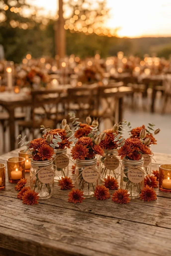 Small burnt orange chrysanthemum blooms scattered around mason jar favors on a rustic wooden table