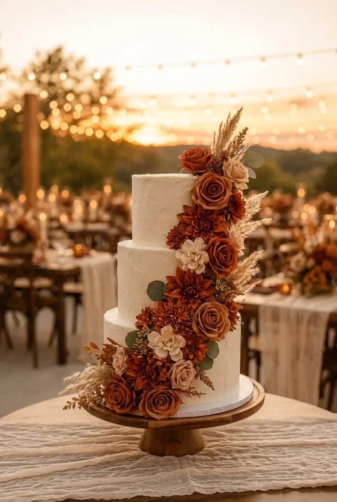 A three-tier white buttercream cake with a cascading arrangement of burnt orange faux florals down one side, from top tier to base