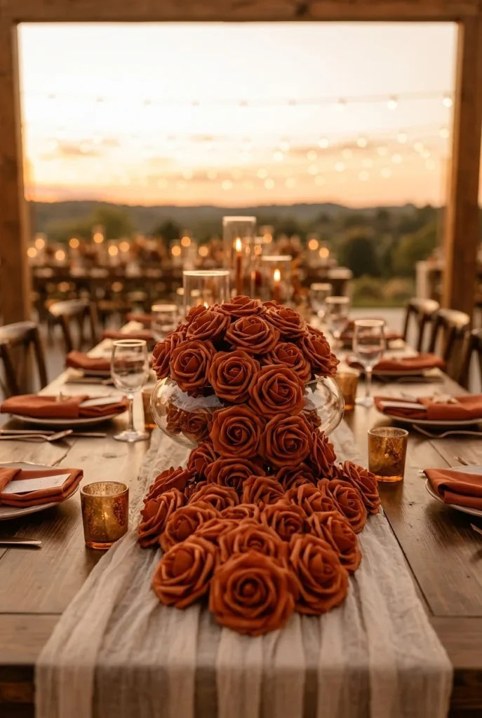 A cluster of loose burnt orange foam roses spilling from a low glass bowl at the center of a reception table, no additional filler.