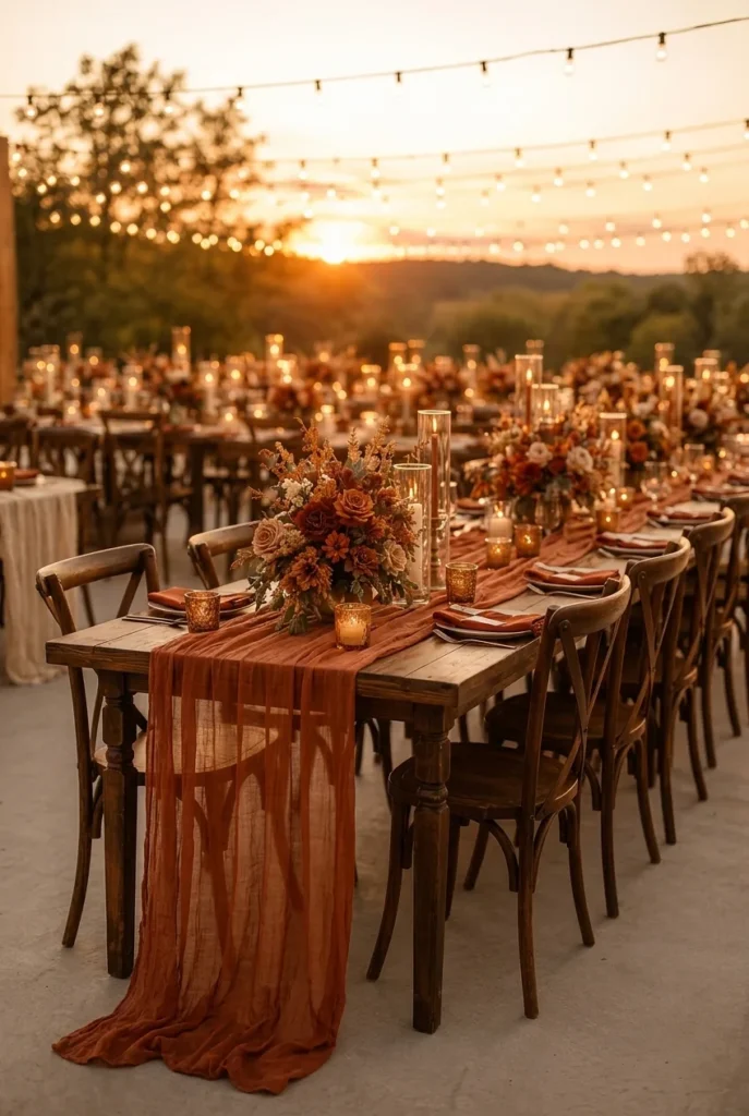 A long wooden farm table with a sheer terracotta cheesecloth runner draped down the center, florals and candles resting on top