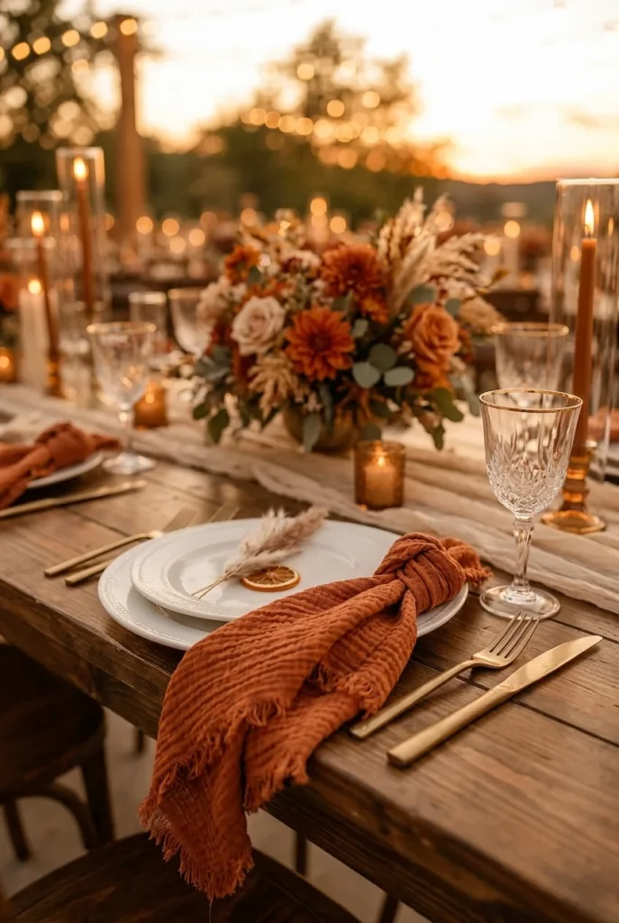 A place setting with a loosely folded cheesecloth napkin in terracotta tone beside white dinnerware, gauzy texture visible.