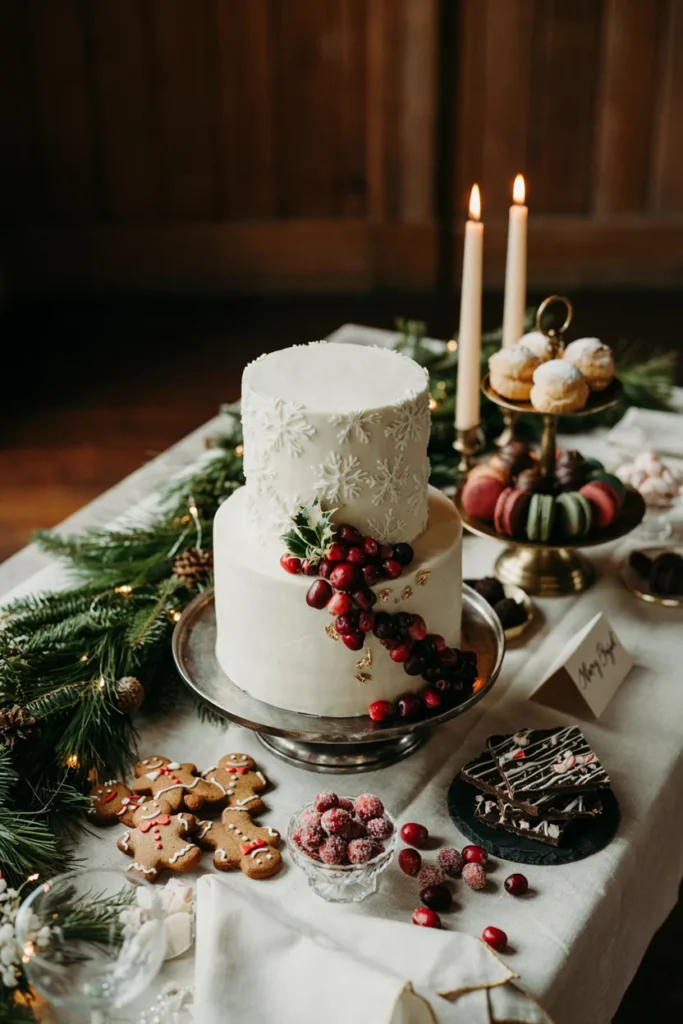 Small wedding cutting cake surrounded by mini holiday desserts on a dessert table
