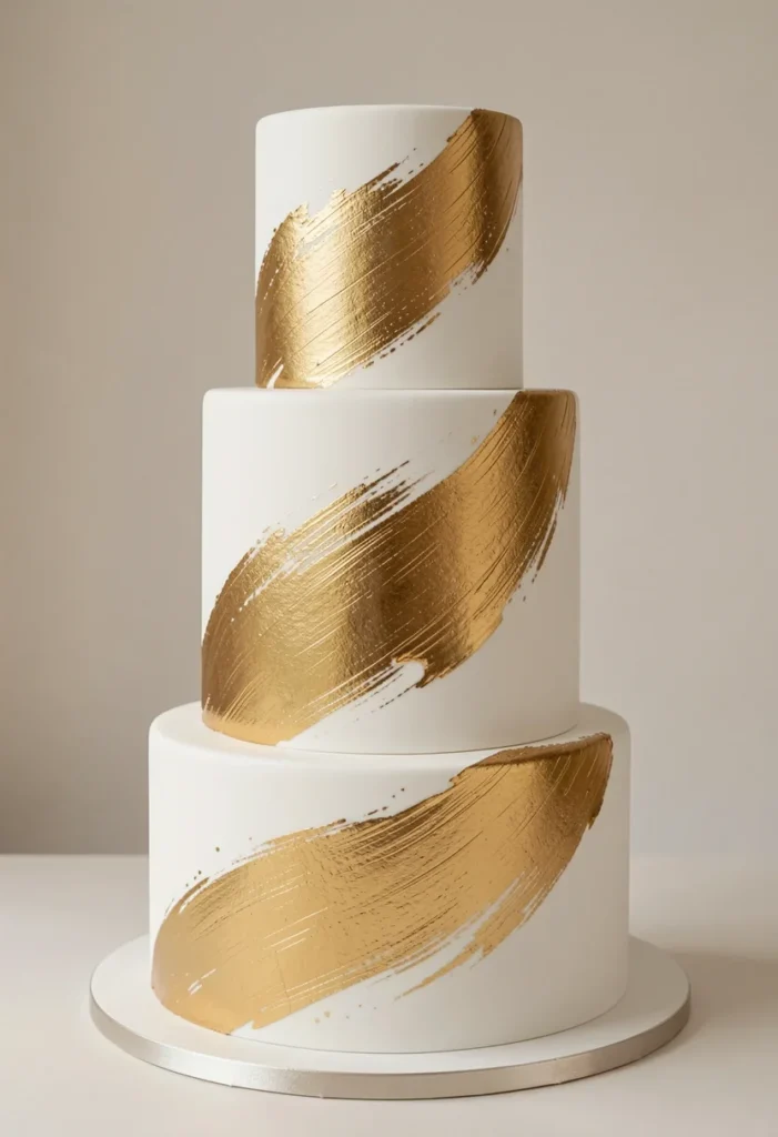 White wedding cake with hand-painted gold brushstroke design