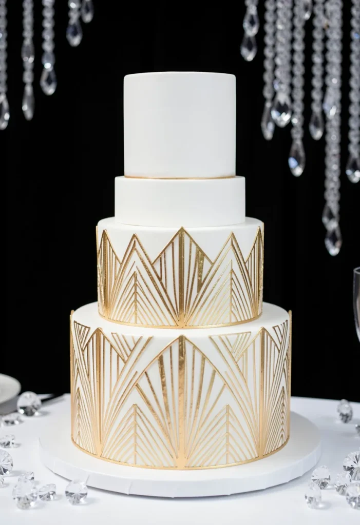 Wedding cake with Art Deco geometric gold piping pattern