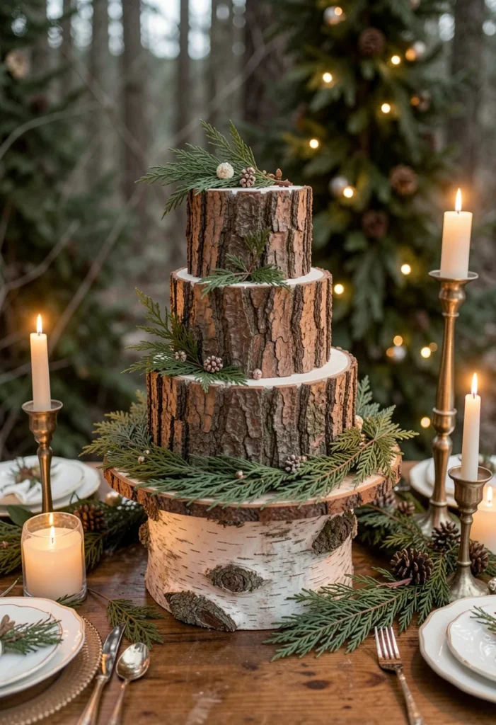 Wood-grain textured wedding cake with a live-edge wood slice topper