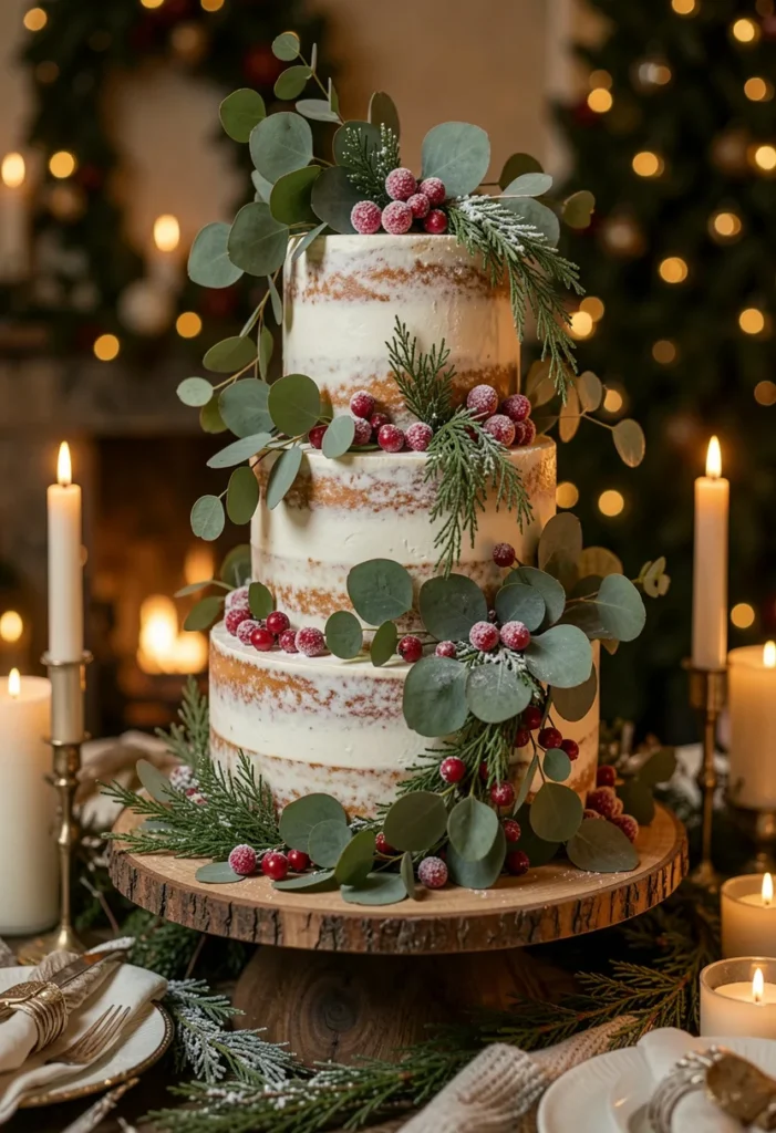 Semi-naked wedding cake with cascading eucalyptus and sugared cranberries