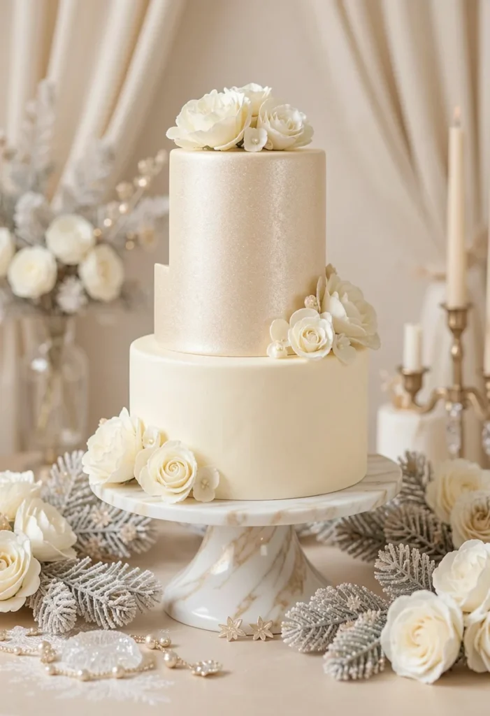 Ivory wedding cake with a subtle pearlescent shimmer finish