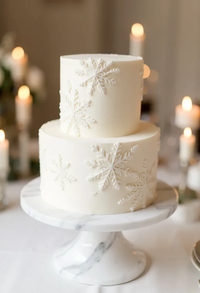 White buttercream wedding cake with a diagonal cascade of piped snowflakes