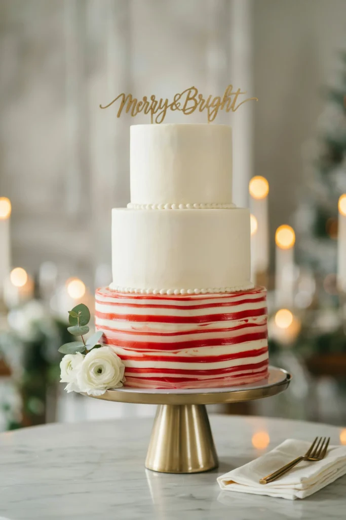 White wedding cake with red and white peppermint swirl and modern topper