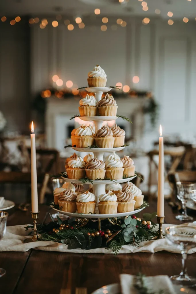 Tiered cupcake stand arranged as a Christmas tree display for a wedding