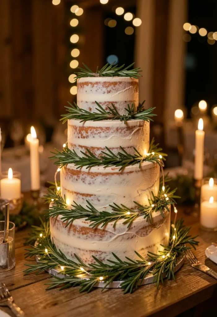 Naked wedding cake with frosted rosemary and warm fairy lights