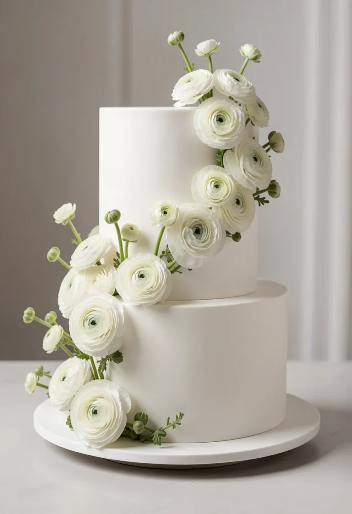 Modern two-tier wedding cake with negative space and white ranunculus