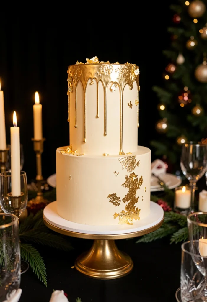 Ivory wedding cake with champagne drip and edible gold leaf on a gold pedestal stand