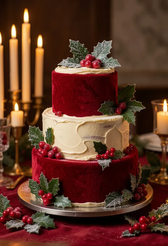 Red velvet wedding cake with holly sprigs and candy cane accent