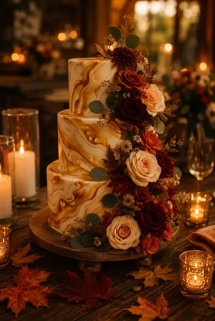 Marbled amber and cream wedding cake