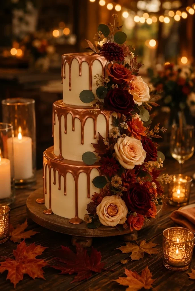 Cream wedding cake with copper metallic drip