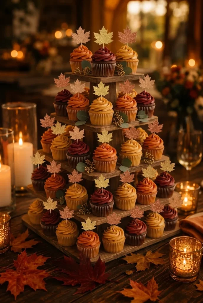 Fall wedding cupcake tower with maple leaf toppers