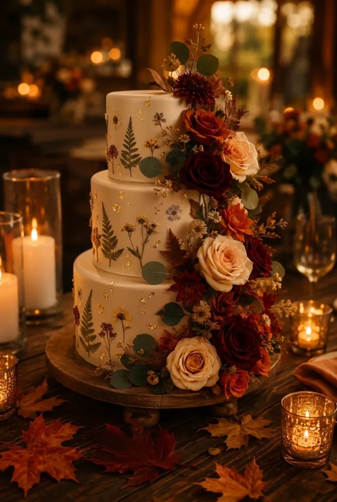 Champagne wedding cake with pressed florals and gold leaf