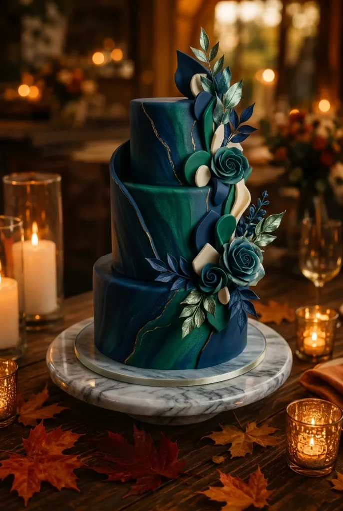 Sculptural navy and emerald wedding cake