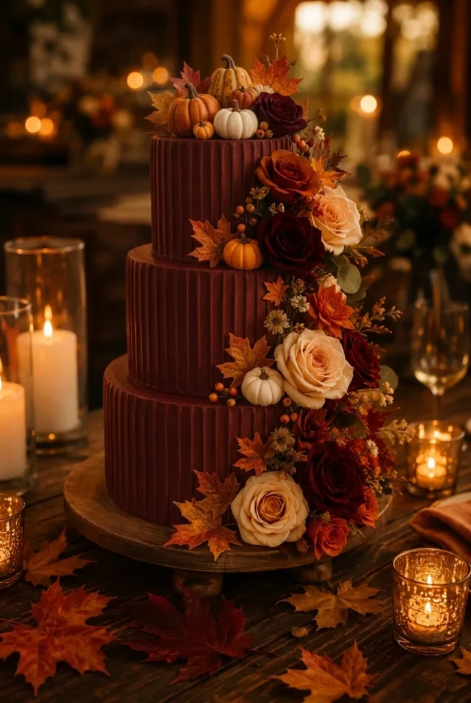 Dusty rose and burnt orange Lambeth piped wedding cake