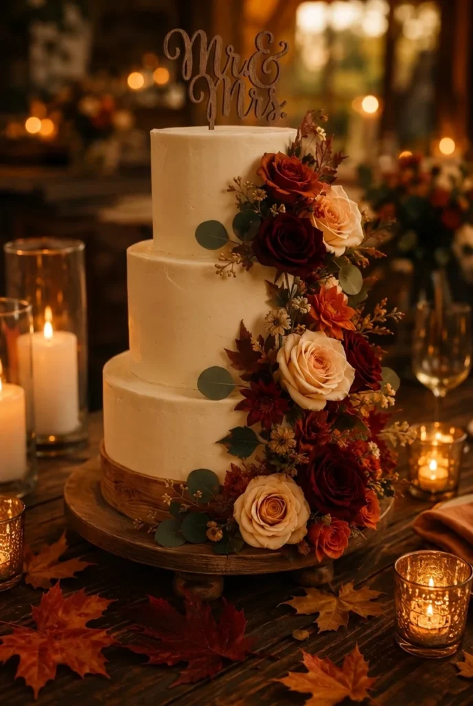 Rustic wedding cake with wood-grain fondant and wooden topper