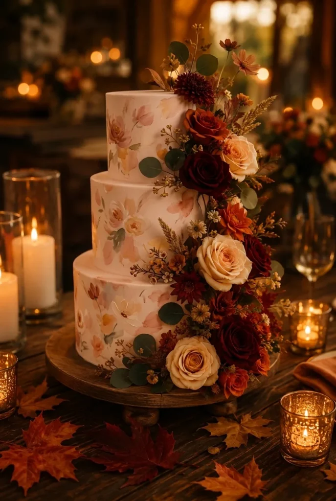 Blush watercolor wedding cake with scattered wildflowers