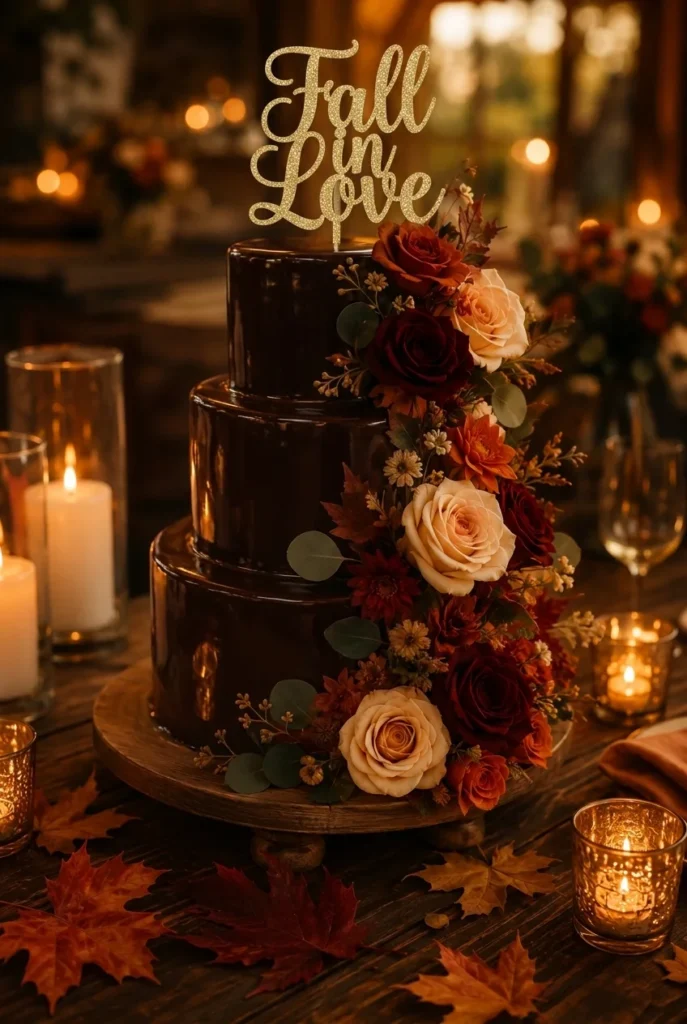 Espresso ganache wedding cake with gold glitter topper