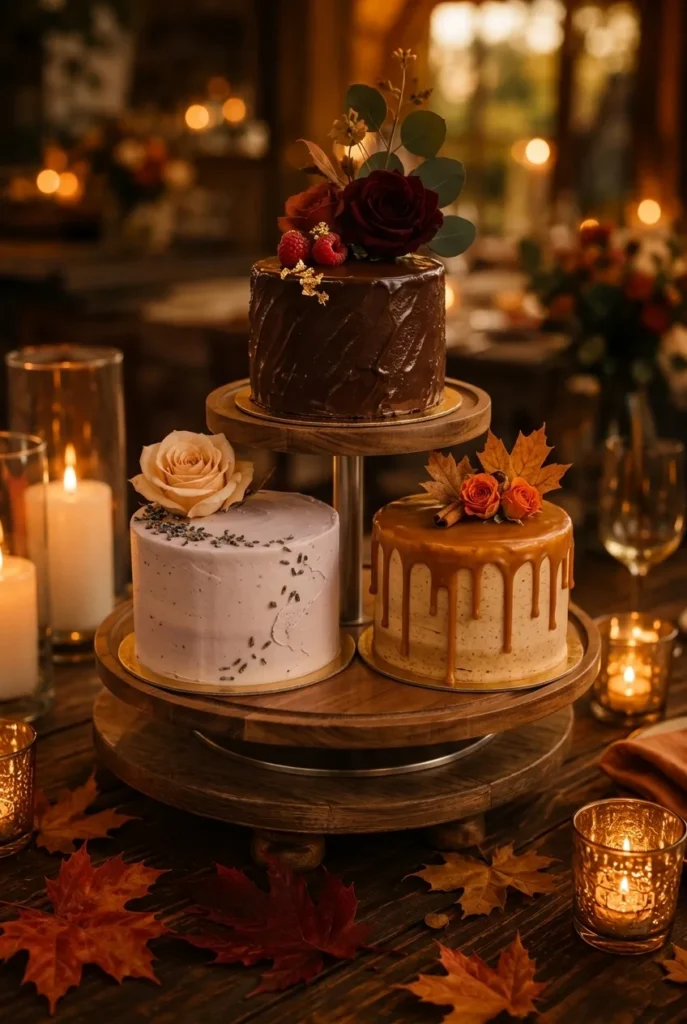Trio of mini wedding cakes in different flavors