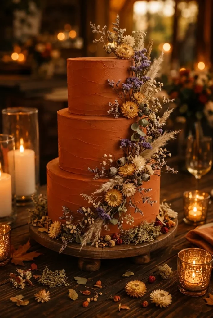 Terracotta wedding cake with dried wildflower garland