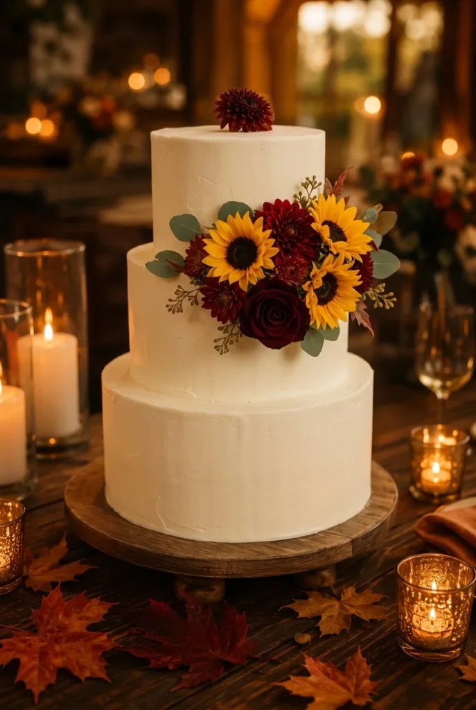 Ivory wedding cake with sunflowers and red flowers