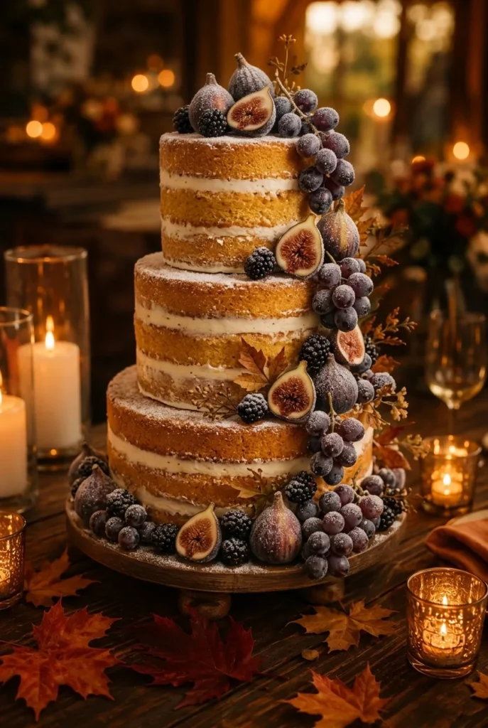 Rustic naked wedding cake with sugared figs and grapes