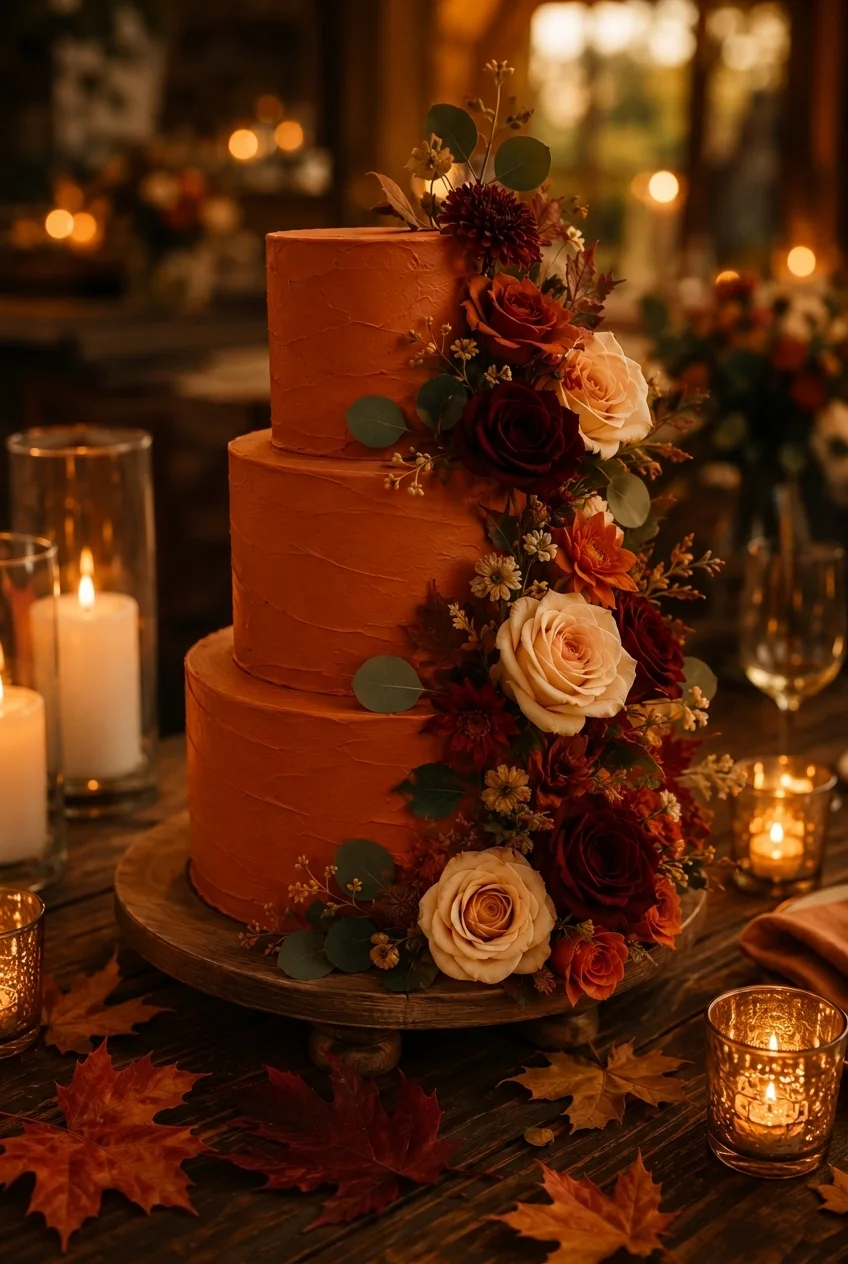 A three-tier burnt orange buttercream wedding cake dressed with silk florals and greenery, styled on a wooden table with candlelight and scattered autumn leaves. Mood: warm, moody, golden hour.