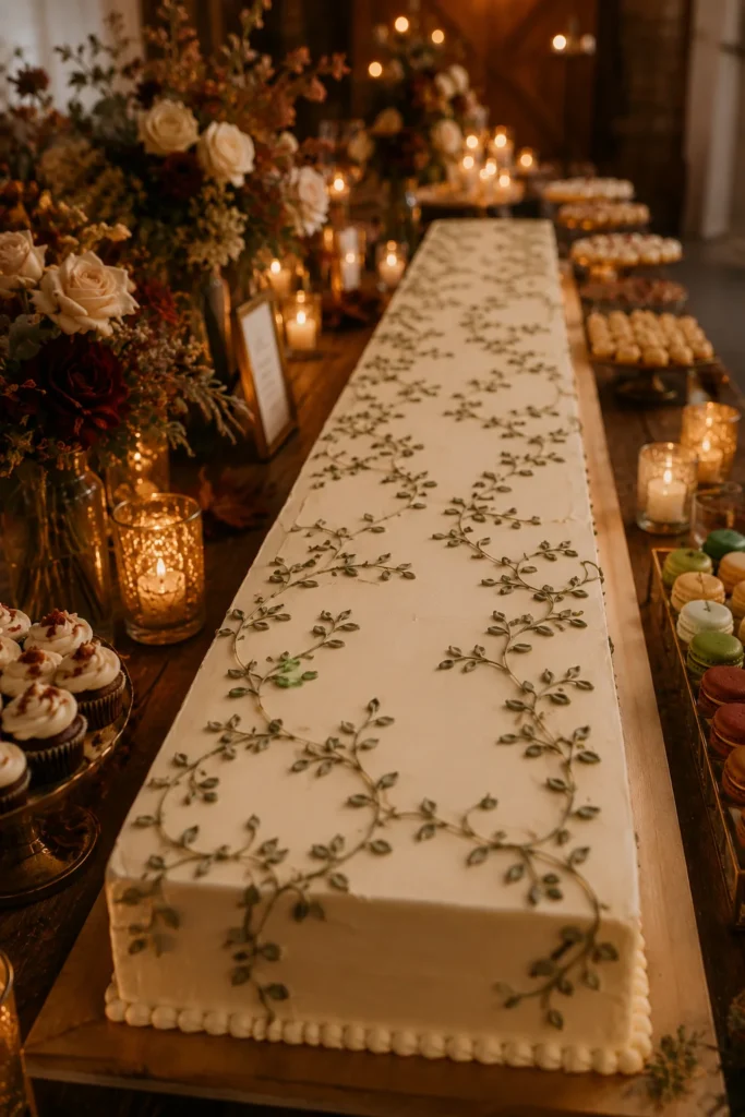 Long table sheet wedding cake with piped vine details