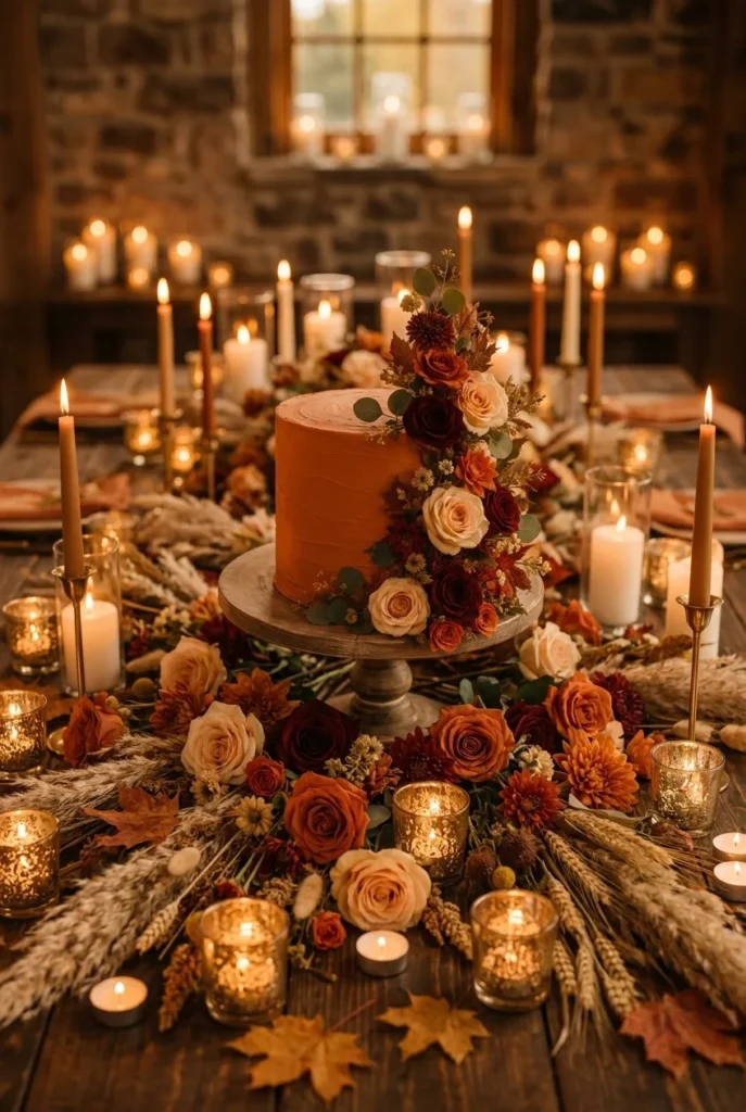 Wedding cake styled as a meadow centerpiece with candles and blooms