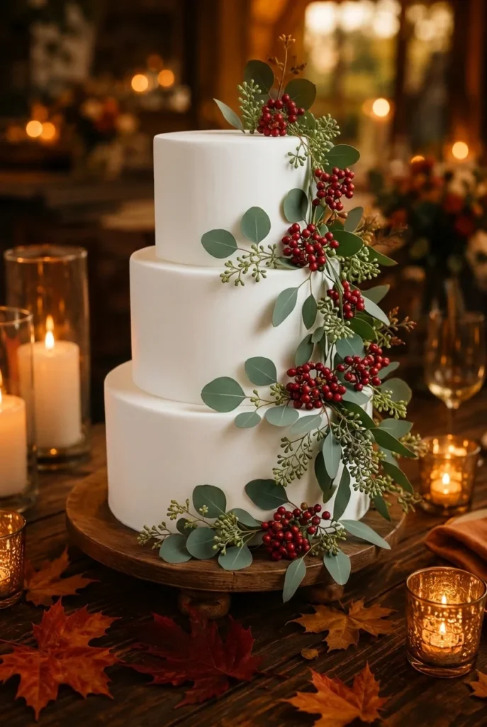 White wedding cake with eucalyptus and berry greenery