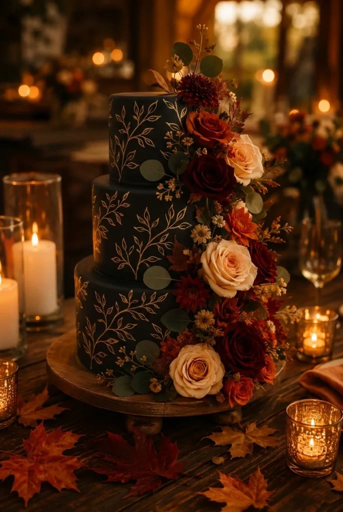 Black wedding cake with hand-painted gold botanicals