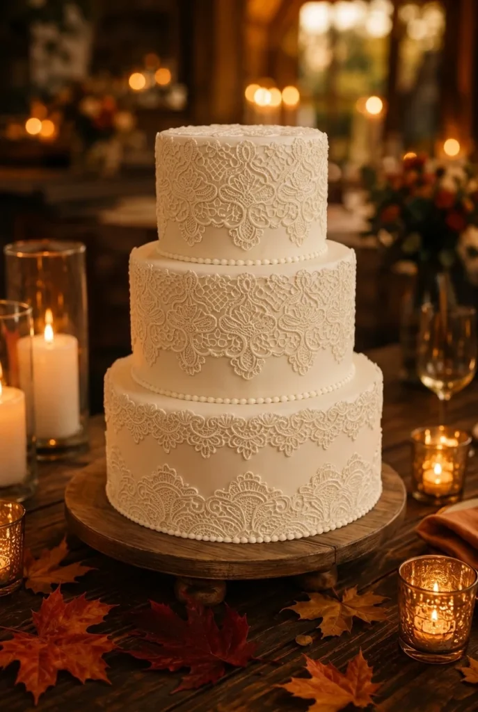 Ivory lace-piped wedding cake