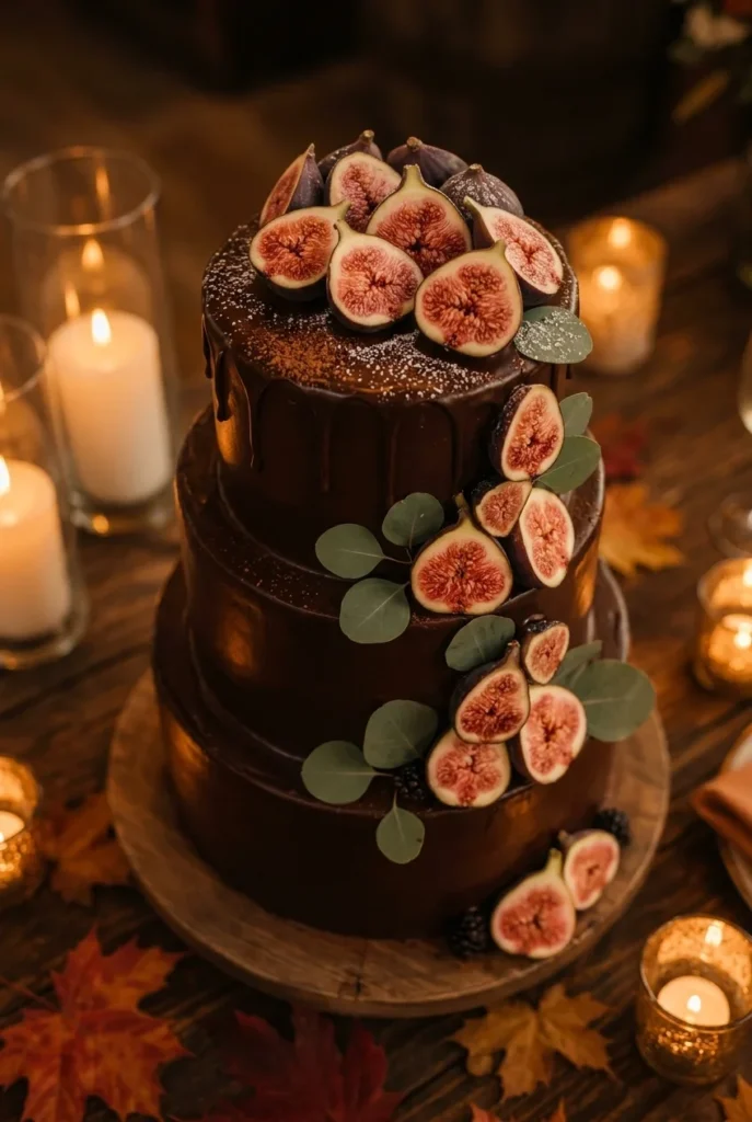 Dark chocolate ganache wedding cake with fresh fig halves