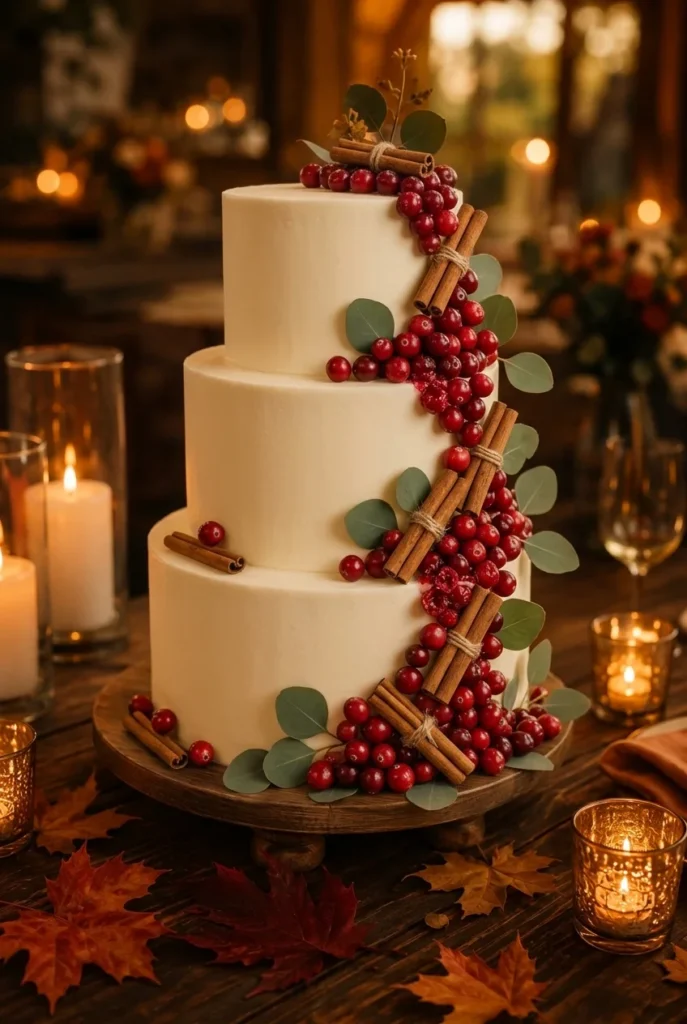 Wedding cake with cinnamon sticks and fresh cranberries