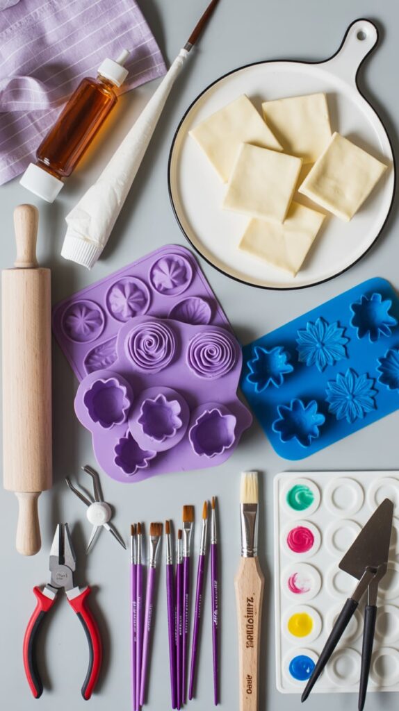 Flat lay of essential fall wedding cake decorating tools on white marble