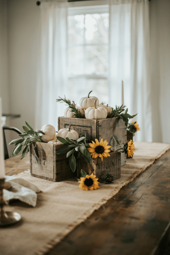 Weathered wooden crates as centerpiece vessels, filled with white pumpkins, rosemary sprigs, dusty sage, and small sunflowers against a burlap table runner