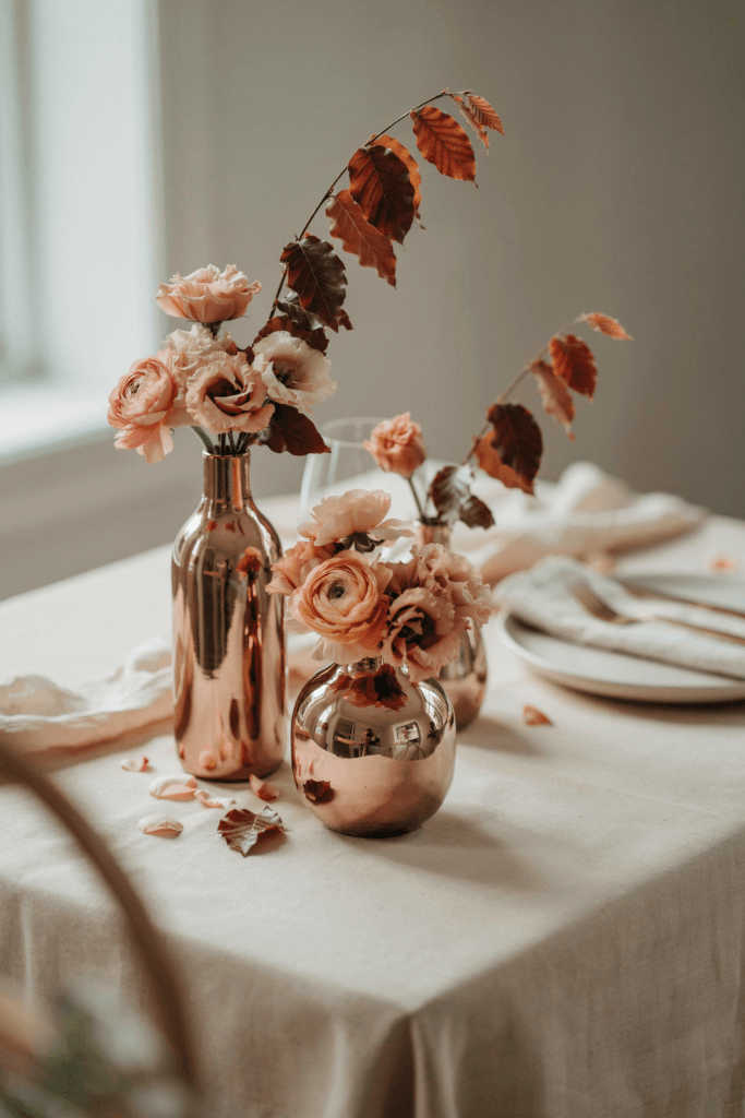 Copper-toned arrangements of blush spray roses, peach ranunculus, and single copper beech branches in rose gold metallic vases on a muted blush table setting