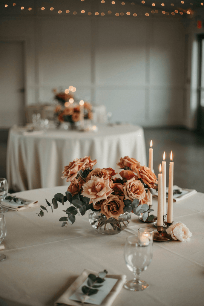 Low, lush arrangements of peach garden roses and silver dollar eucalyptus in clear glass bowls, spread across round tables with clusters of cream taper candles.