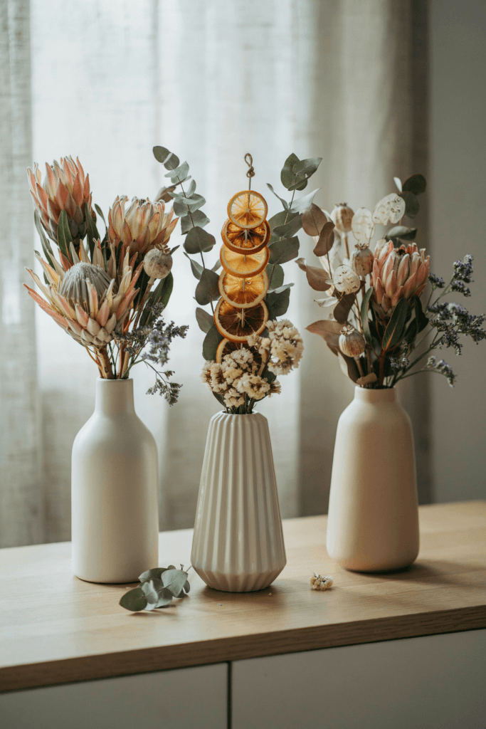 Tall vases holding structured arrangements of dried protea, dried citrus slices, preserved eucalyptus, and bleached lunaria with a few sprigs of dried statice in lavender and ivory