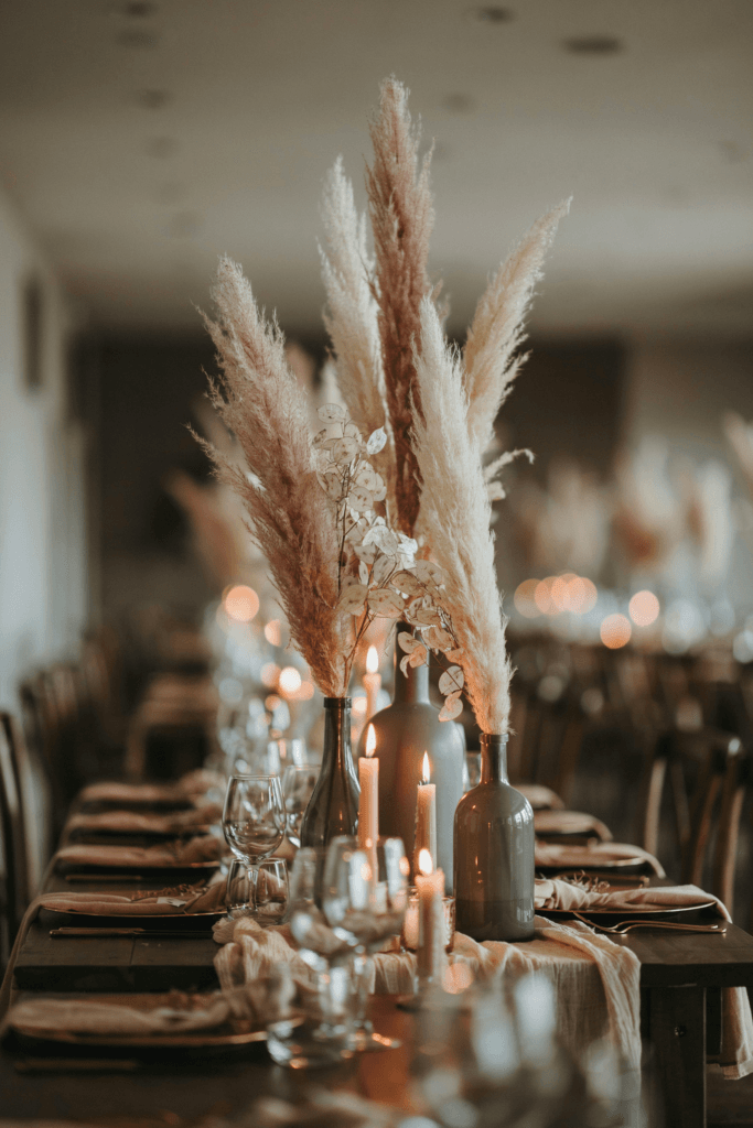 Smoked gray glass vases holding tall dried pampas plumes dyed in dusty rose and ivory, with dried lunaria (honesty plant) catching the light at a candlelit reception