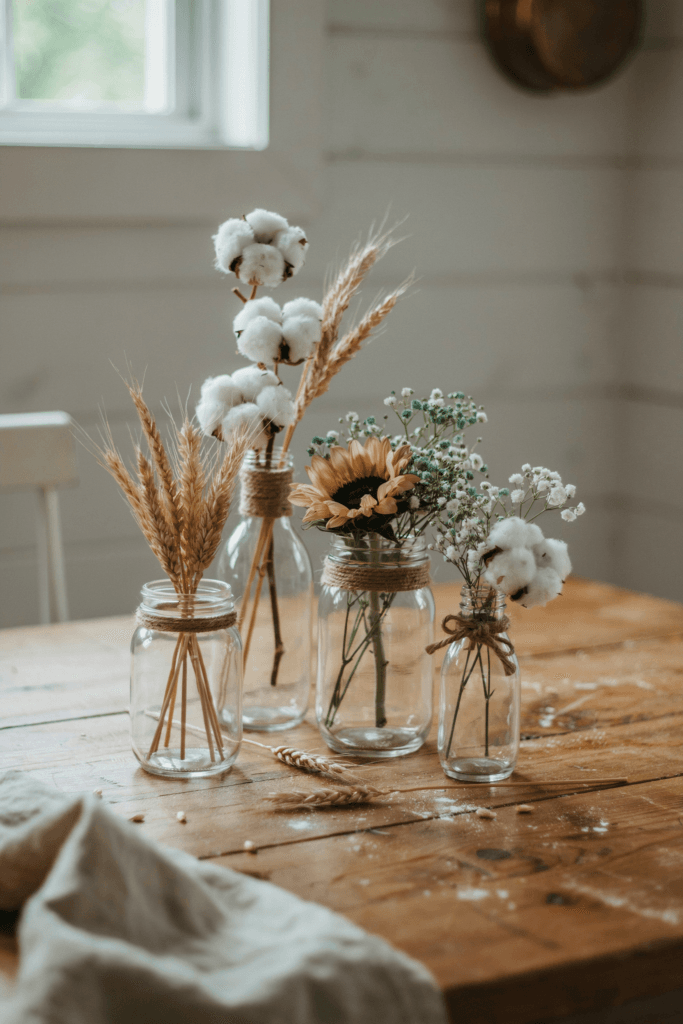 A cluster of mason jars in varying sizes with twine-wrapped necks, holding mixed arrangements of cotton bolls, dried wheat stalks, small sunflowers, and baby's breath on a wooden farm table