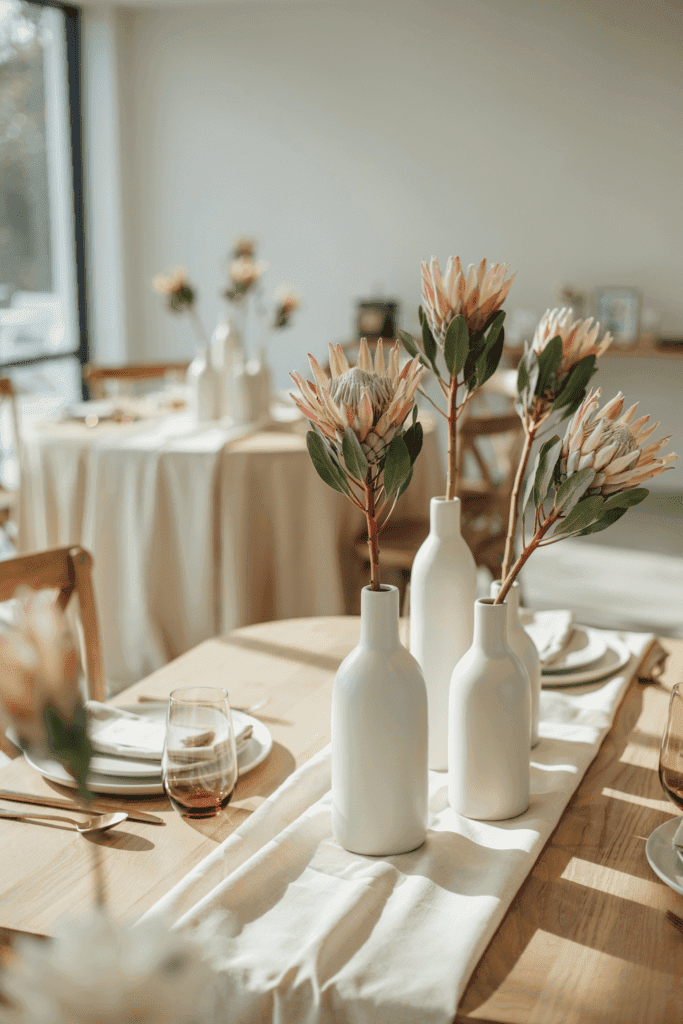 Single king protea stems in individual tall matte white cylindrical vases, one per table setting or grouped in threes at table centers, with no additional greenery or filler
