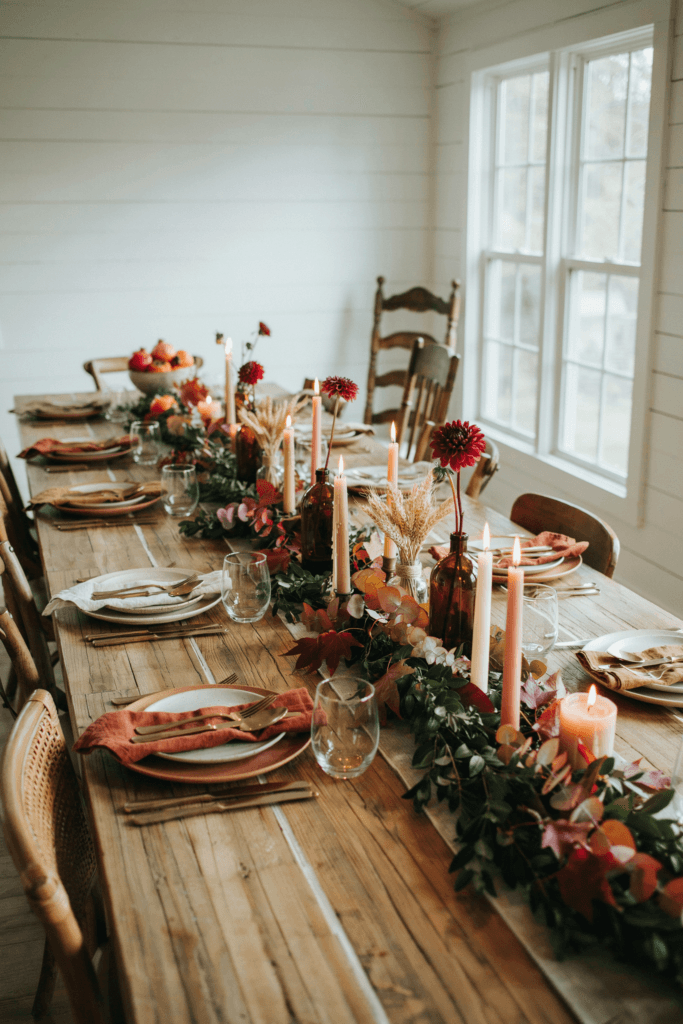 A long farmhouse table with a cascading foliage garland runner in copper, burgundy, and deep green, interspersed with pillar candles at varying heights and small clusters of dried wheat